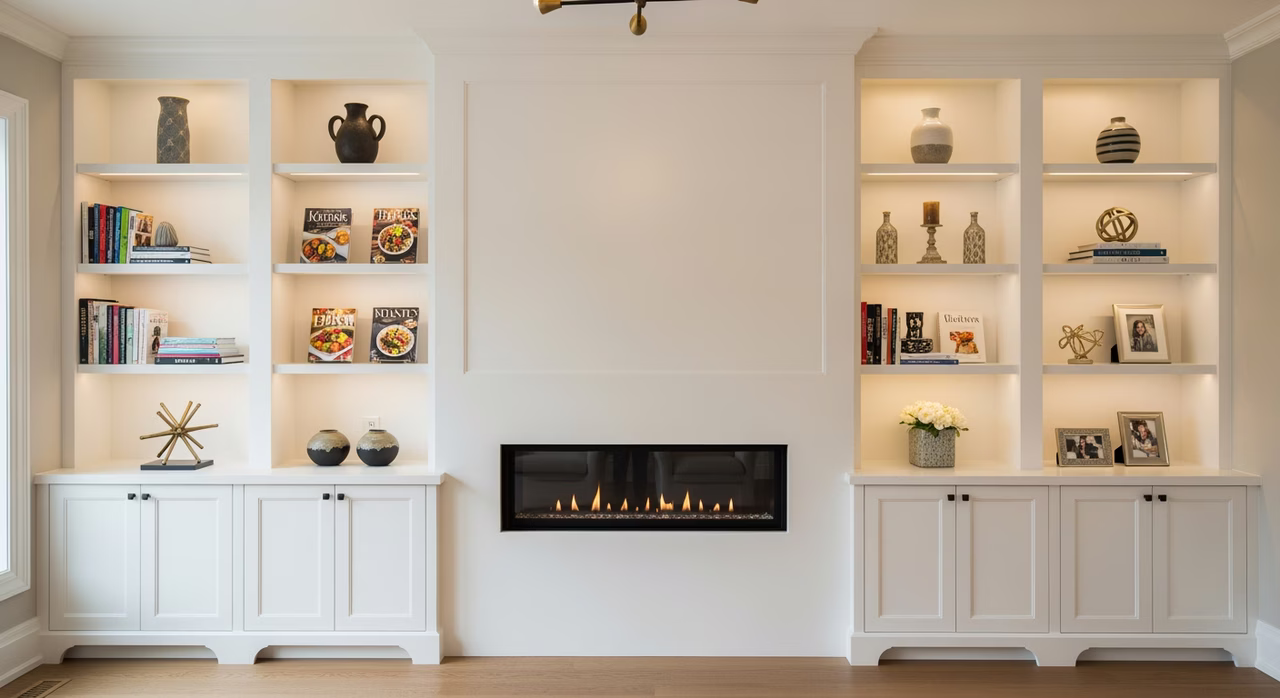 Completed Toronto family-room built-in storage with painted shaker bookcases flanking linear gas fireplace