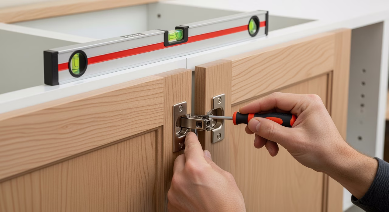 Toronto cabinet refacing crew installing solid-maple shaker replacement doors onto existing boxes with concealed Blum soft-close hinges and level across two doors