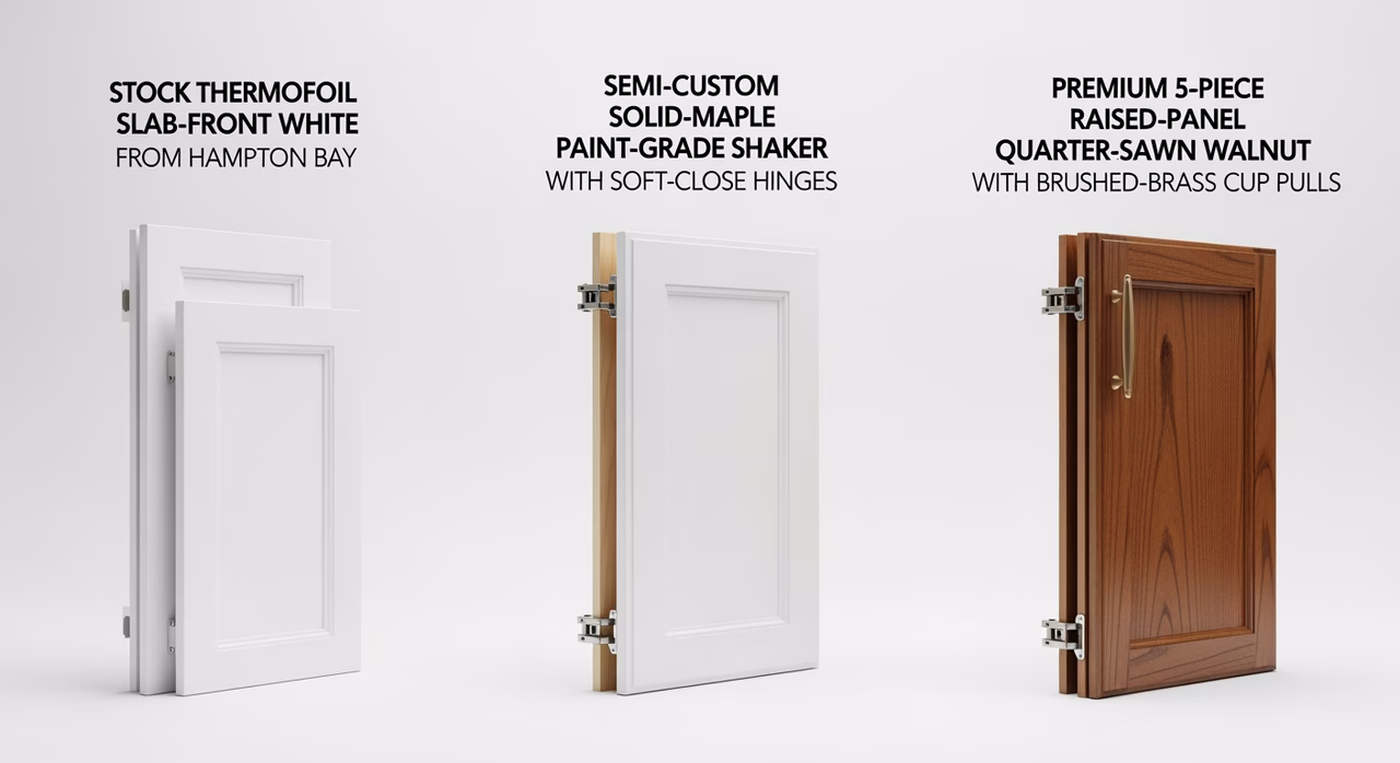Three Toronto cabinet door tiers compared: stock thermofoil slab from Hampton Bay, semi-custom solid-maple paint-grade shaker, premium 5-piece raised-panel quarter-sawn walnut