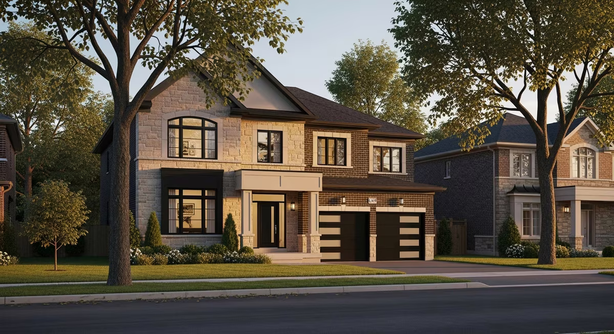 Markham detached suburban home with contemporary stone-and-brick facade, fresh black-frame windows, two-car garage and mature street trees at golden hour