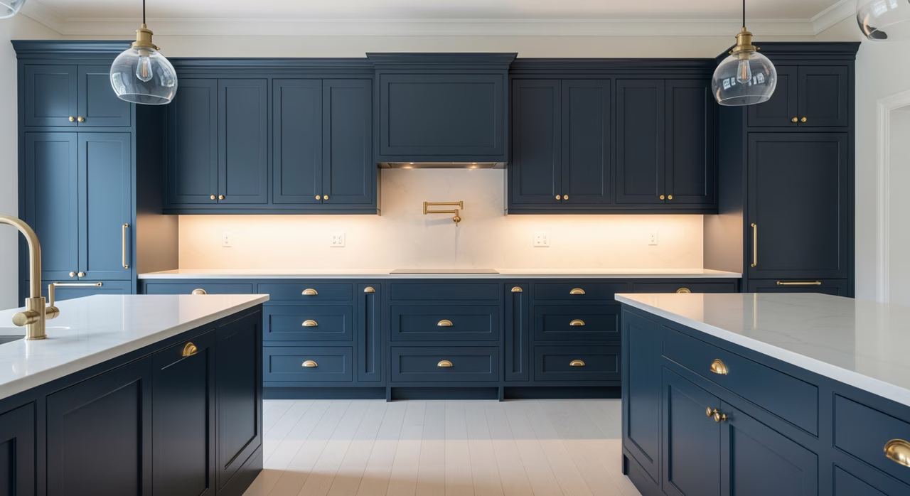 Completed Toronto kitchen with 32 refaced solid-maple shaker doors in deep navy blue, polished brass cup pulls, quartz counter with eased edge and brushed-brass LED strip