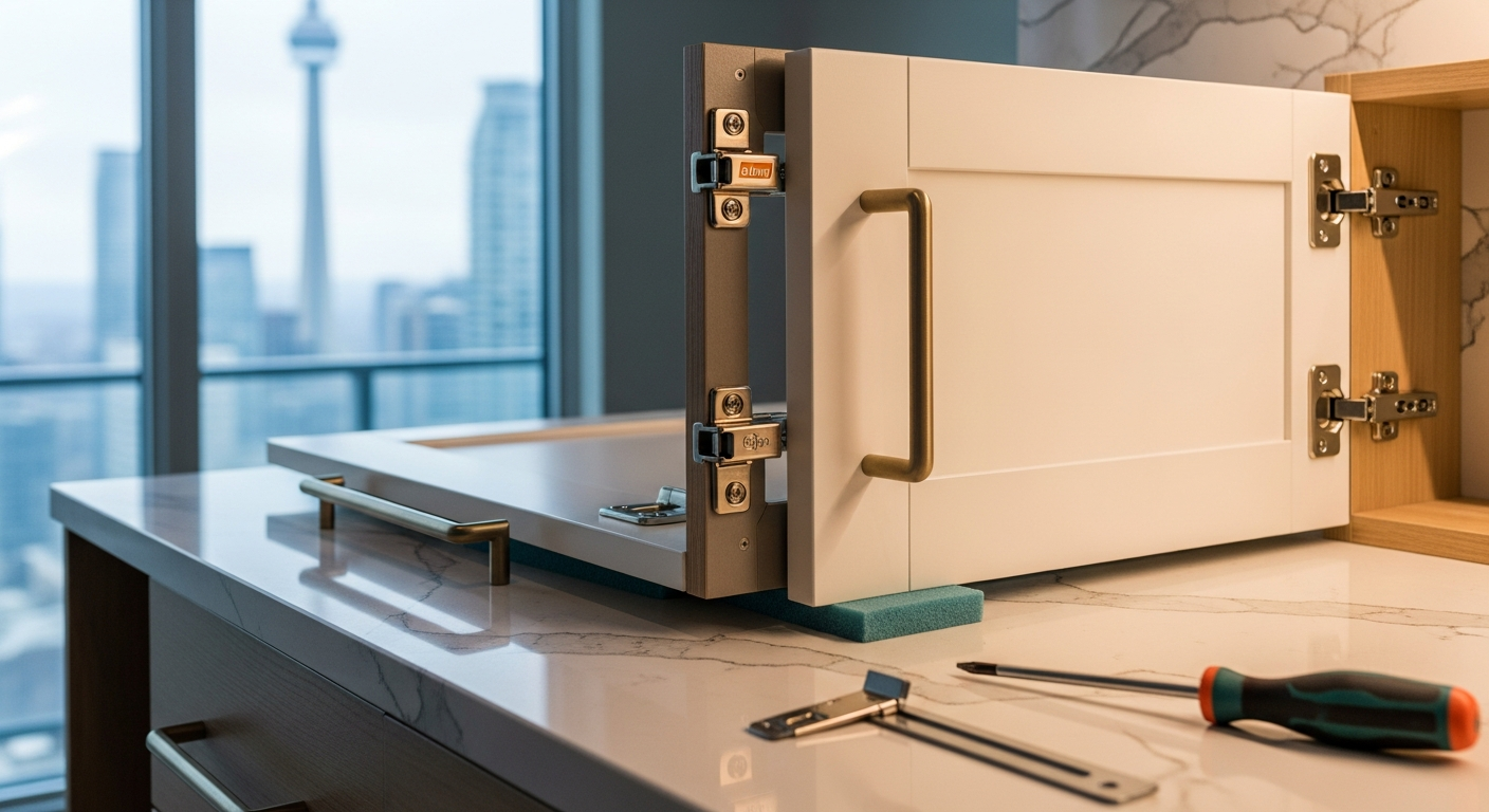 On-site cabinet door replacement install detail at a Pickering property