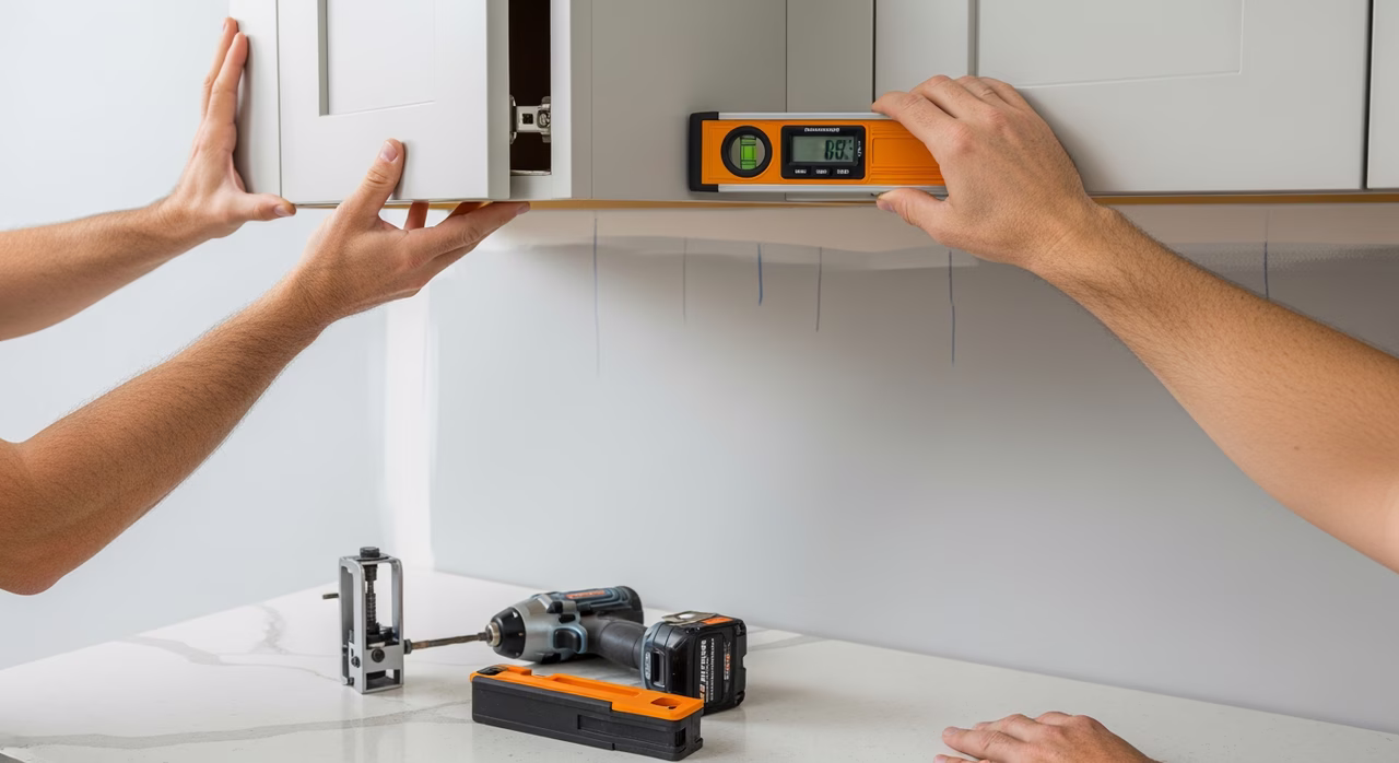Cabinet installer hanging upper kitchen cabinets onto a French cleat ledger with level and impact driver in a Toronto kitchen renovation
