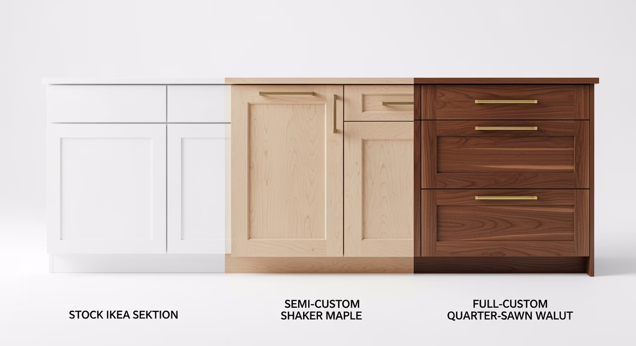 Three Toronto kitchen cabinet tiers compared: stock IKEA SEKTION white slab-front, semi-custom shaker maple with soft-close, full-custom flat-panel quarter-sawn walnut with brass pulls