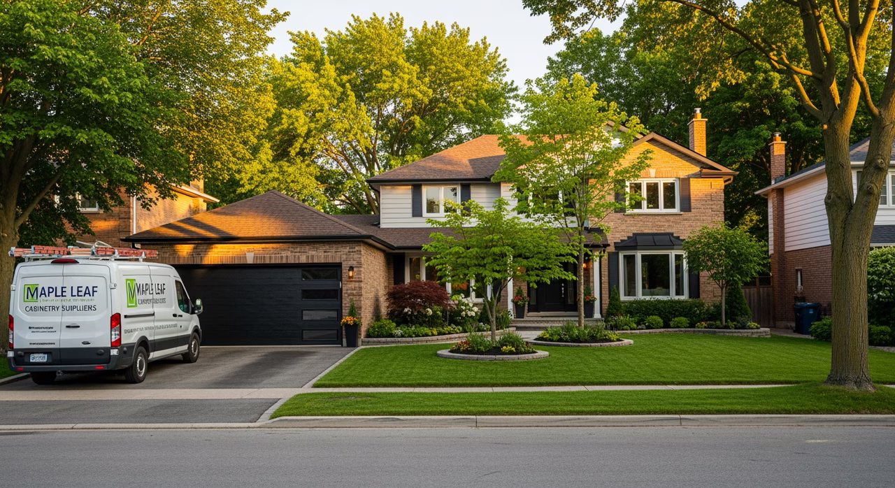 Mississauga detached suburban home with mature trees, two-car attached garage, contractor van with cabinet supplier signage on the driveway