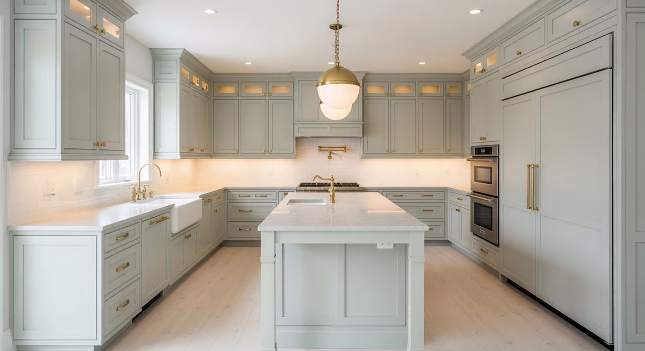 Completed Toronto kitchen with full-height custom shaker cabinets in soft sage green, brass cup pulls, integrated panel-ready dishwasher and refrigerator, quartz countertop