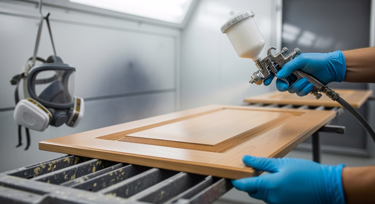 Toronto cabinet painter in dedicated spray booth applying third coat of Sherwin-Williams Kem Aqua Plus 200 waterborne 2K post-catalysed urethane onto maple shaker door with HVLP