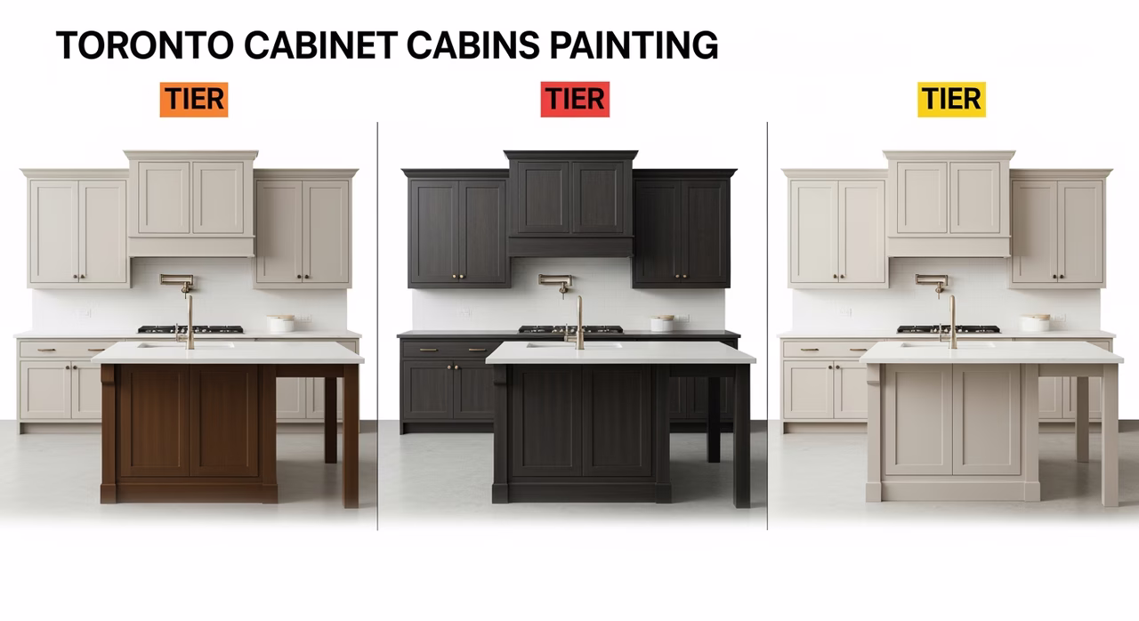 Three Toronto cabinet painting tiers compared: budget brush-and-roll with self-priming alkyd, full strip-prime-spray with Milesi Hydroplus 2K, luxury hand-rubbed glaze with two-tone island and Blum hardware