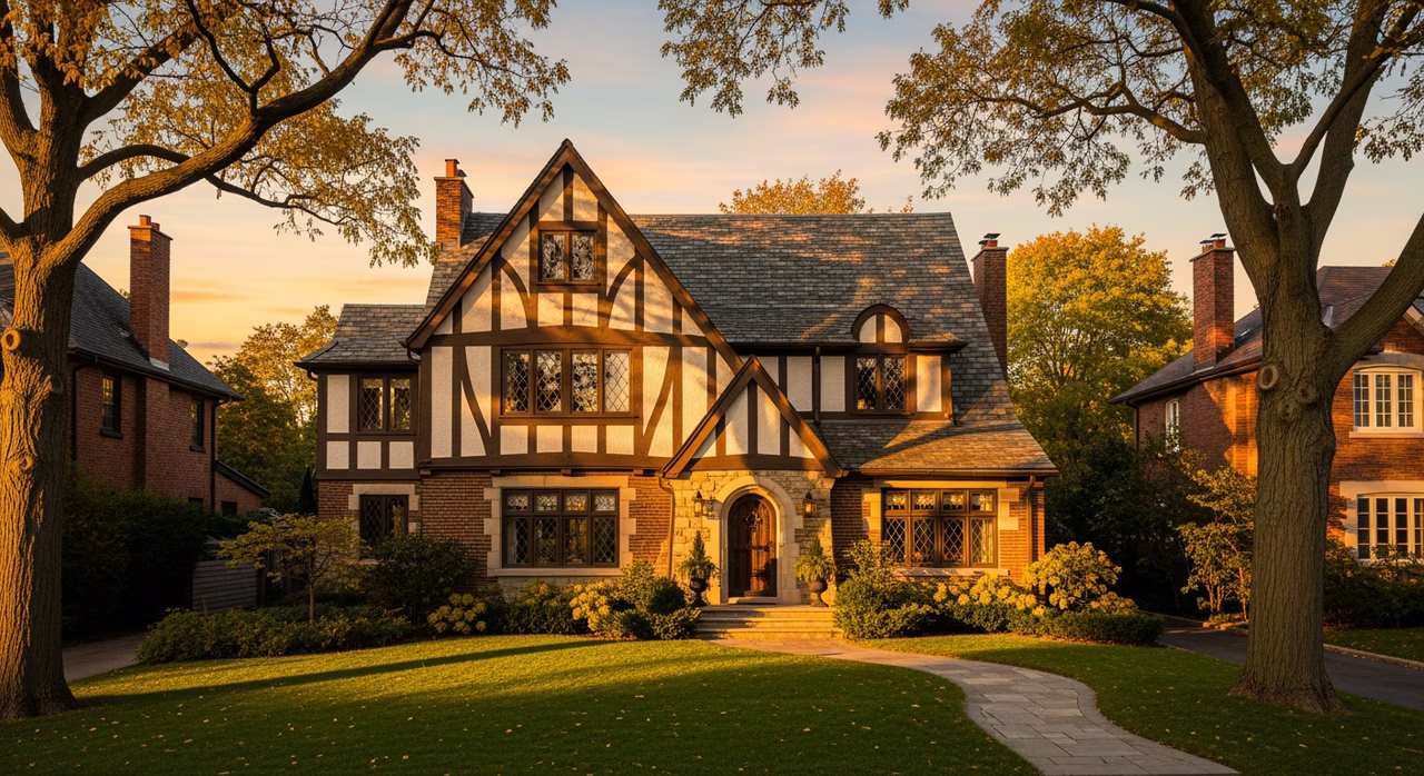 Toronto Lawrence Park 1950s detached two-storey Tudor-revival home with mature trees where cabinet refinishes at $3,500-$11,000 avoid a $40K-$80K full kitchen replacement