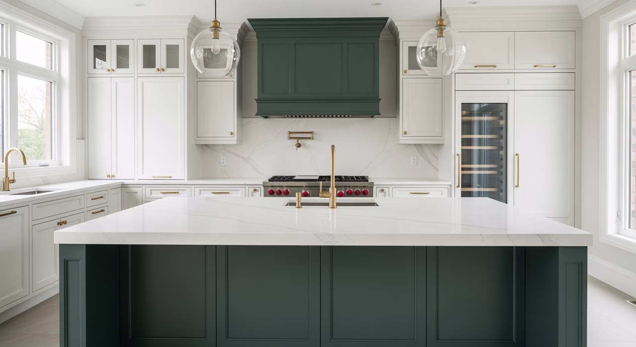 Completed Toronto luxury kitchen with freshly-spray-finished white shaker cabinets in semi-gloss, quartz waterfall island, brushed-brass Blum soft-close hardware, panel-ready Sub-Zero