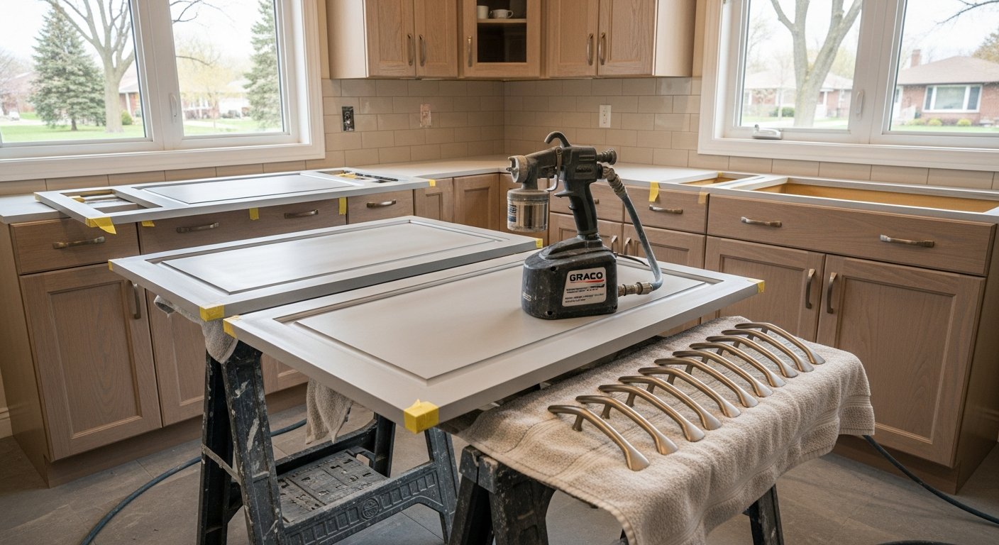 Final result of a kitchen cabinet painting project at a Oshawa residence