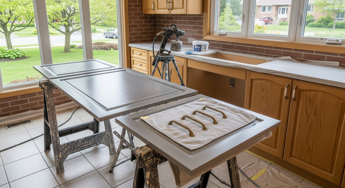 Detail view of a kitchen cabinet painting job finished in Pickering — expert craftsmanship