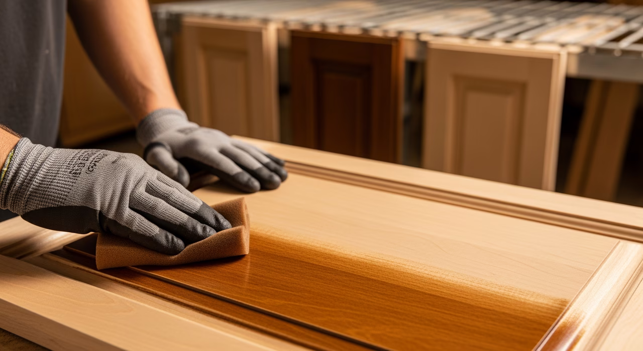 Toronto cabinet refinisher wiping freshly-applied Minwax Wood Finish dark walnut stain onto sanded maple cabinet door with foam pad, drying rack of doors visible in shop background