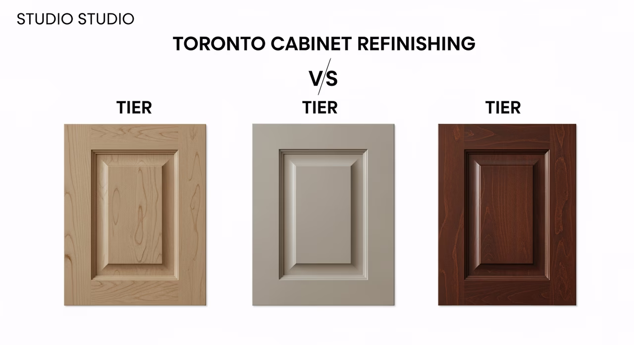 Three Toronto cabinet refinishing tiers compared: refresh-tone strip and re-stain with Benjamin Moore Stays Clear, full strip-and-restain with 2-coat waterborne polyurethane, premium with Milesi Hydroplus 2K and Renner Aquaplus 2K