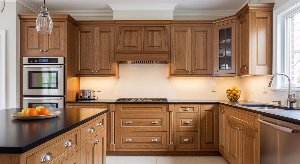 Completed Toronto refinished kitchen with original solid-maple cabinetry in contemporary medium-walnut stain and satin 2K clear topcoat, dark engineered-stone counters, brushed-nickel hardware