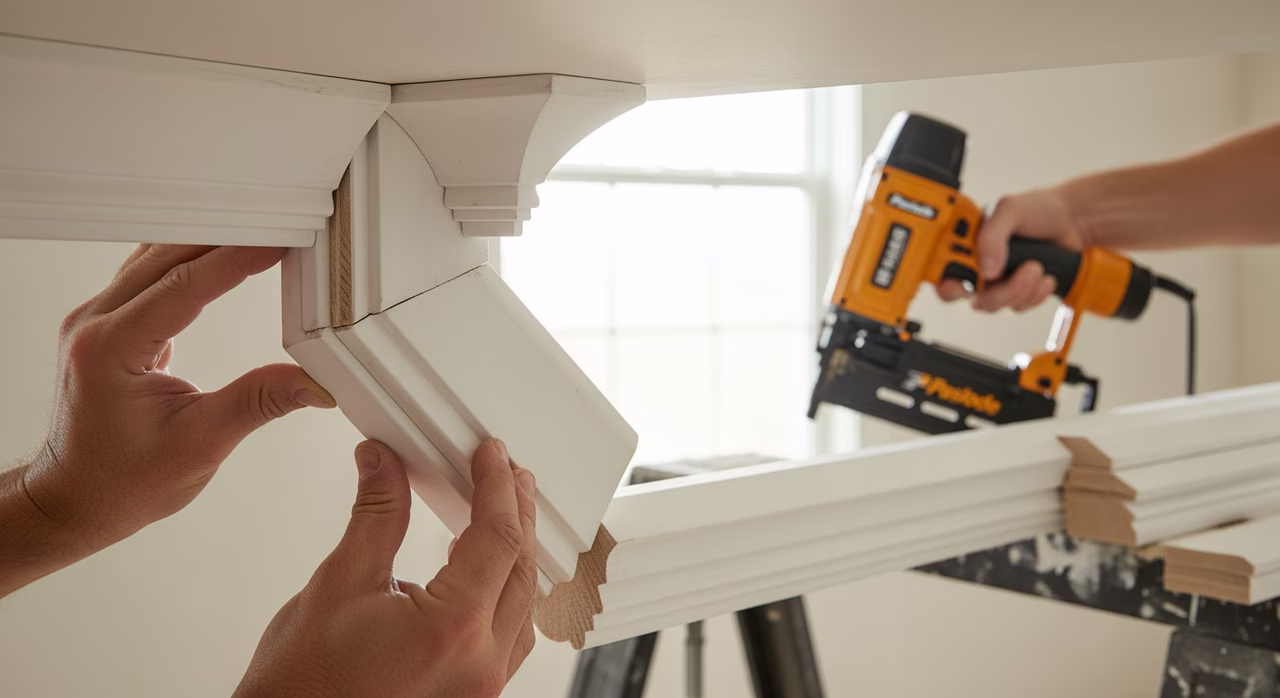 Toronto California-ceiling carpenter installing mitred Riverside 5-1/4-inch traditional crown moulding into inside corner of 2-foot-by-2-foot coffer cell, Paslode 18-gauge brad nailer on sawhorse, paint-grade primed-MDF moulding stock cut to 45-degree mitre, coffer crown finish carpentry in progress