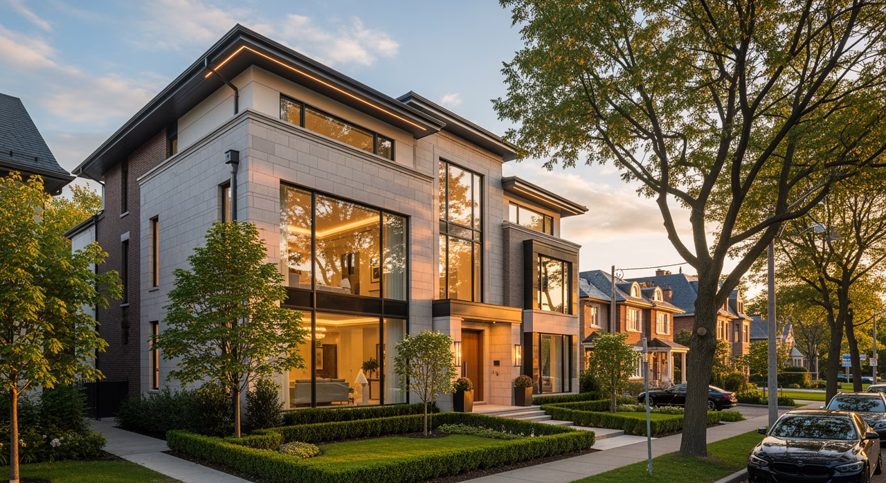 Toronto Yorkville 2018-built luxury detached infill home at golden hour with mature trees on upper-middle-class urban street where premium multi-level coffered California ceilings with integrated LED cove-lighting and custom stain finish run $10-$12 per sq ft and ESA registration is required on all new LED rough-in