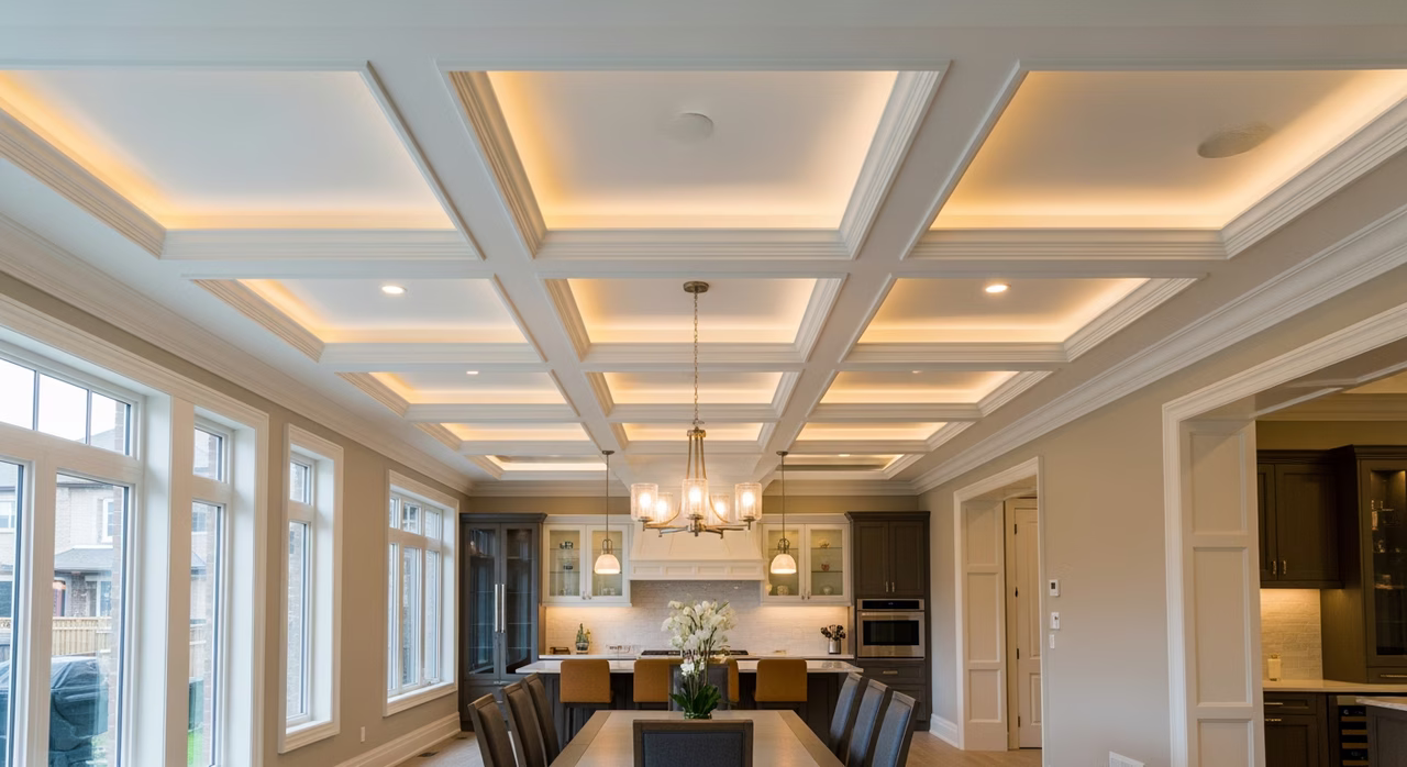 Completed Toronto luxury great-room with multi-level coffered California ceiling: 2-by-2 coffer grid in the field, double-stack Decora Cove plus Riverside Traditional crown at every edge, integrated Hue LightStrip Plus LED cove-lighting washing upward to warm-glow indirect, BM Chantilly Lace ceiling-white field with SW Emerald Interior matte feature-cream coffer interiors