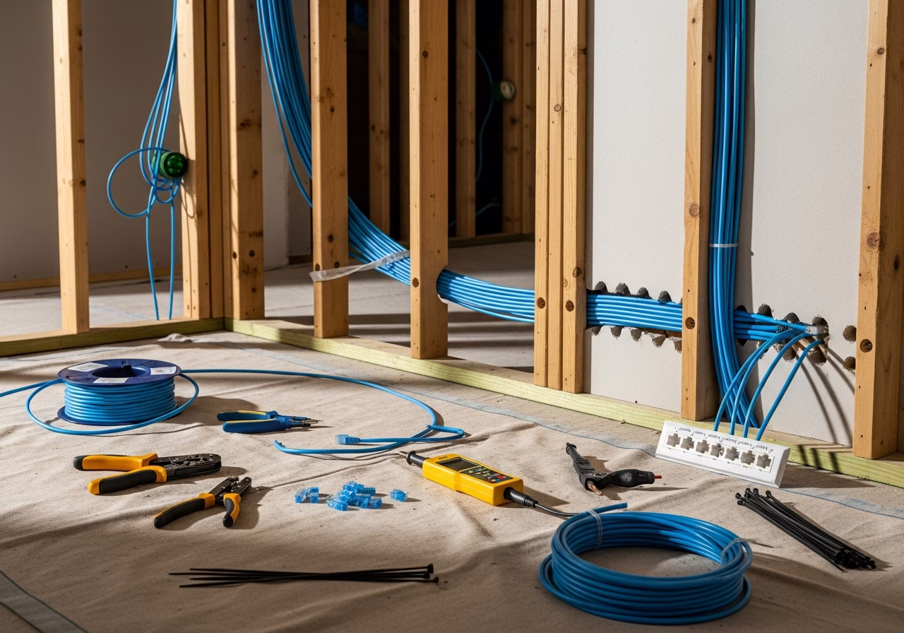 Tools and materials staged for Cat6a ethernet wiring project