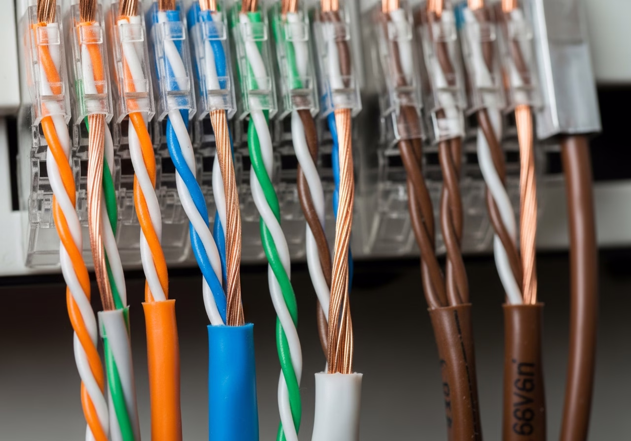 Close-up detail of professionally completed Cat6a ethernet wiring work