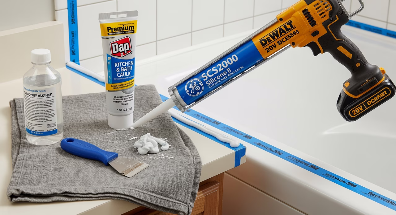 Toronto caulking specialist with DeWalt DCE595 cordless caulk gun, GE SCS2000 Silicone II tube, razor-blade scraper, 3M ScotchBlue 2090 painter tape on bathroom vanity next to tub-tile joint being re-caulked
