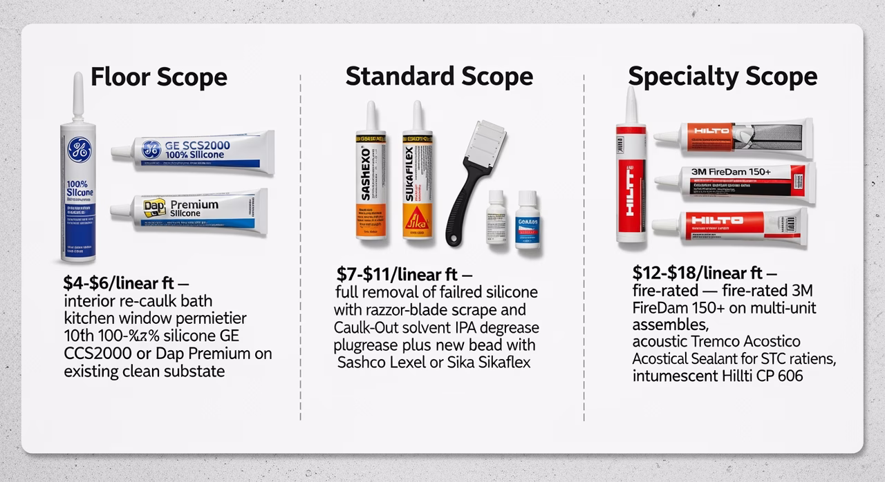 Three Toronto caulking service tiers compared: floor 4-6 per linear foot interior silicone on clean substrate, standard 7-11 strip and prep plus new bead, specialty 12-18 fire-rated and acoustic on catalogue grey board