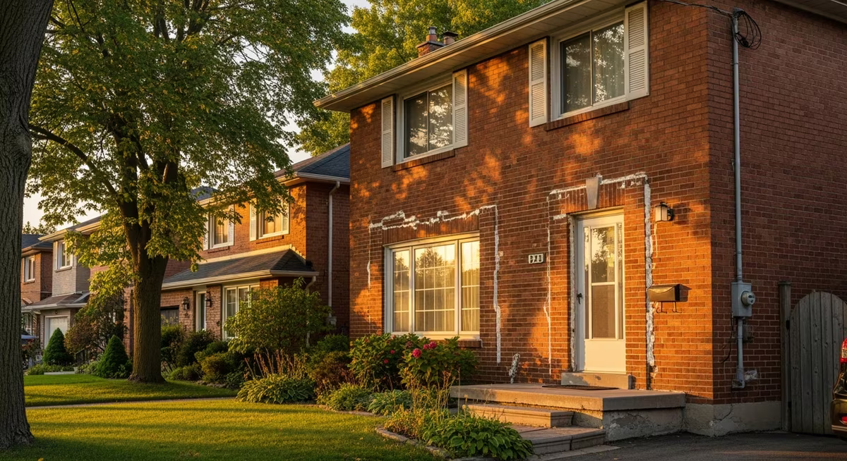 Toronto North York 1980s detached two-storey home exterior at golden hour with weathered exterior window-trim caulking failure where typical 30-year scope runs 9-11 per linear foot for full strip and polyurethane re-bead