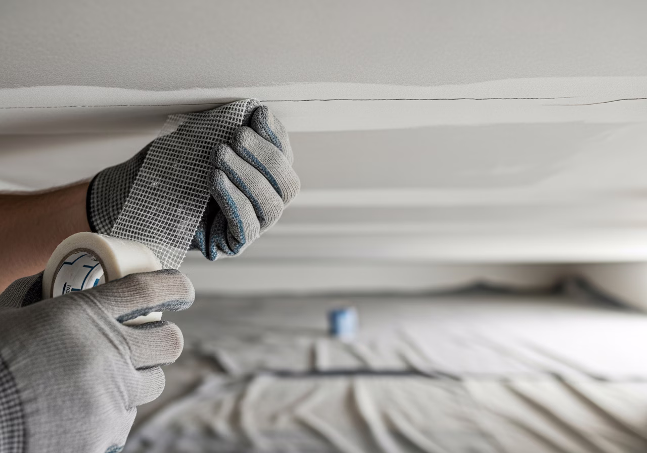 Mesh tape over hairline ceiling crack at drywall seam — RenoHouse ceiling repair