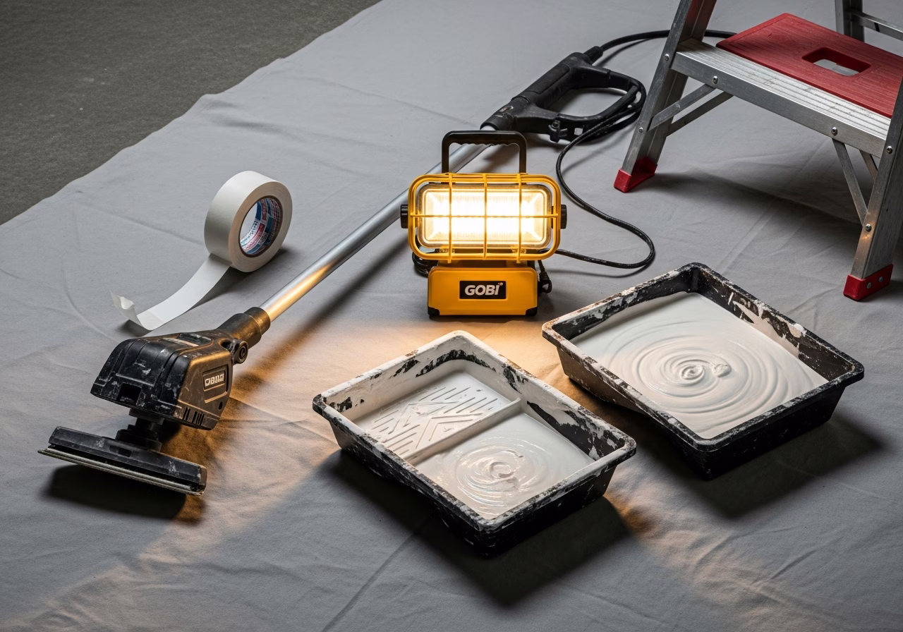 Ceiling crack repair toolkit — extension sander pole, tape, mud tray, work light, drop sheet