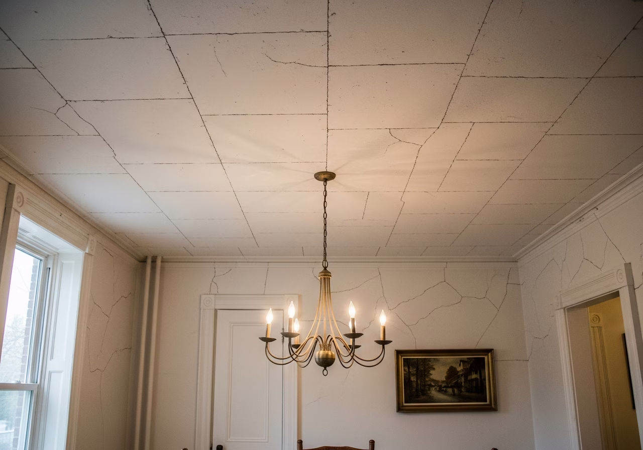 Vintage settling cracks on Toronto Riverdale Victorian dining room ceiling — plaster lath era
