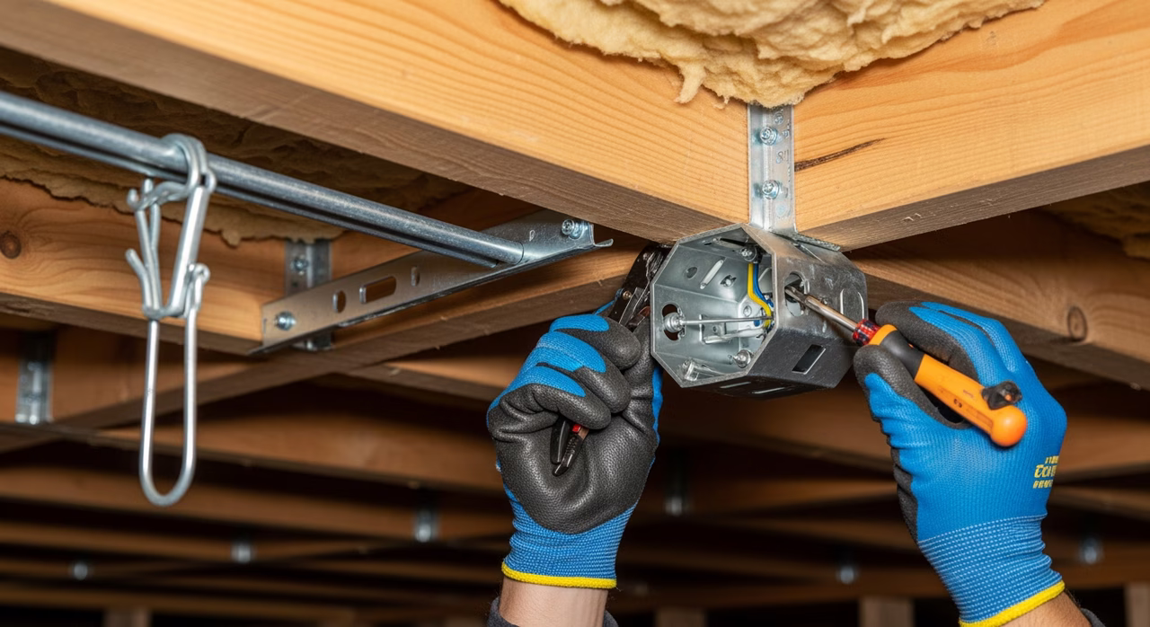 ECRA/ESA-certified 309A electrician mounting Hunter ceiling fan on fan-rated box in Vaughan bedroom
