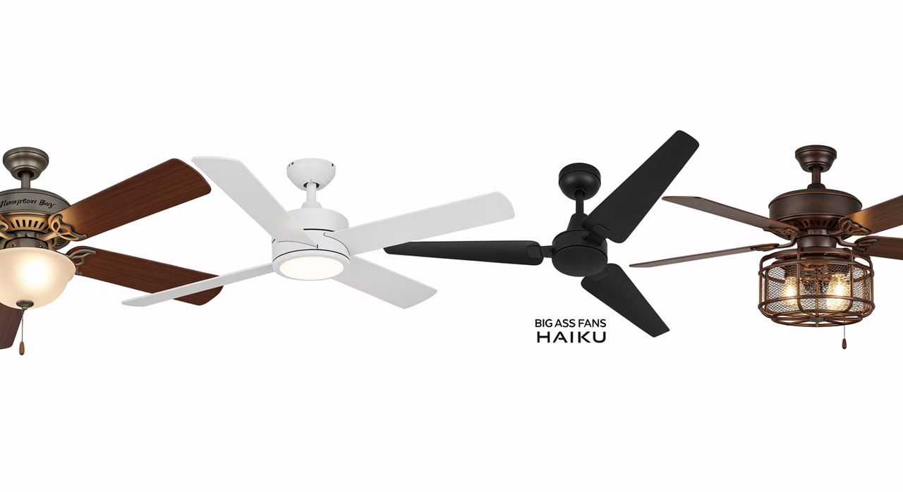 Hunter, Minka-Aire, and Big Ass Fans residential ceiling fans compared with LED and DC motors