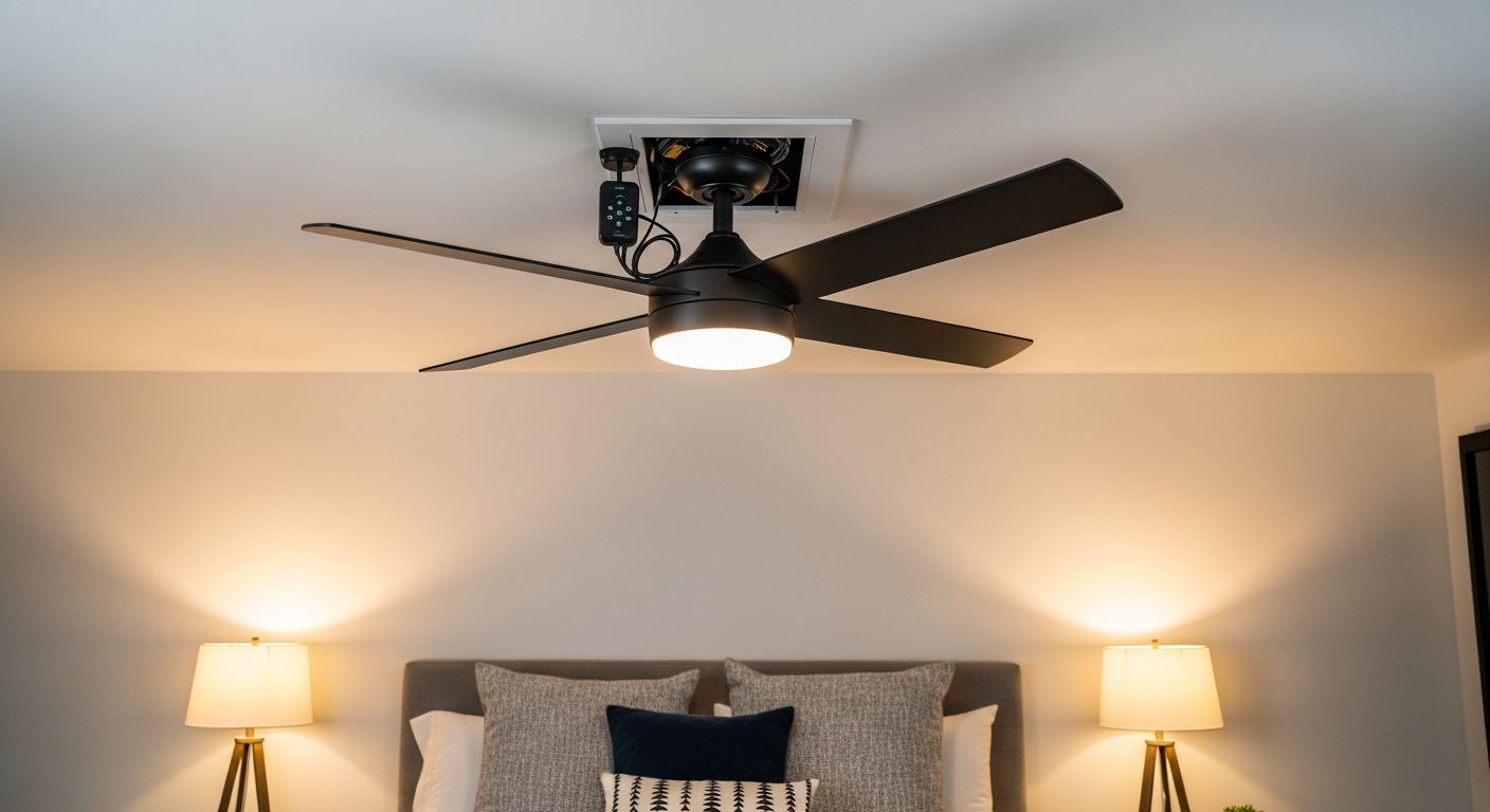 Editorial detail of a Burlington ceiling fan installation install — visible quality finish