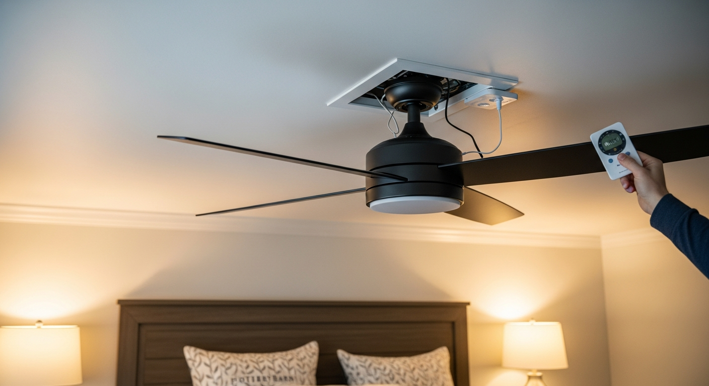 Editorial detail of a Scugog ceiling fan installation install — visible quality finish