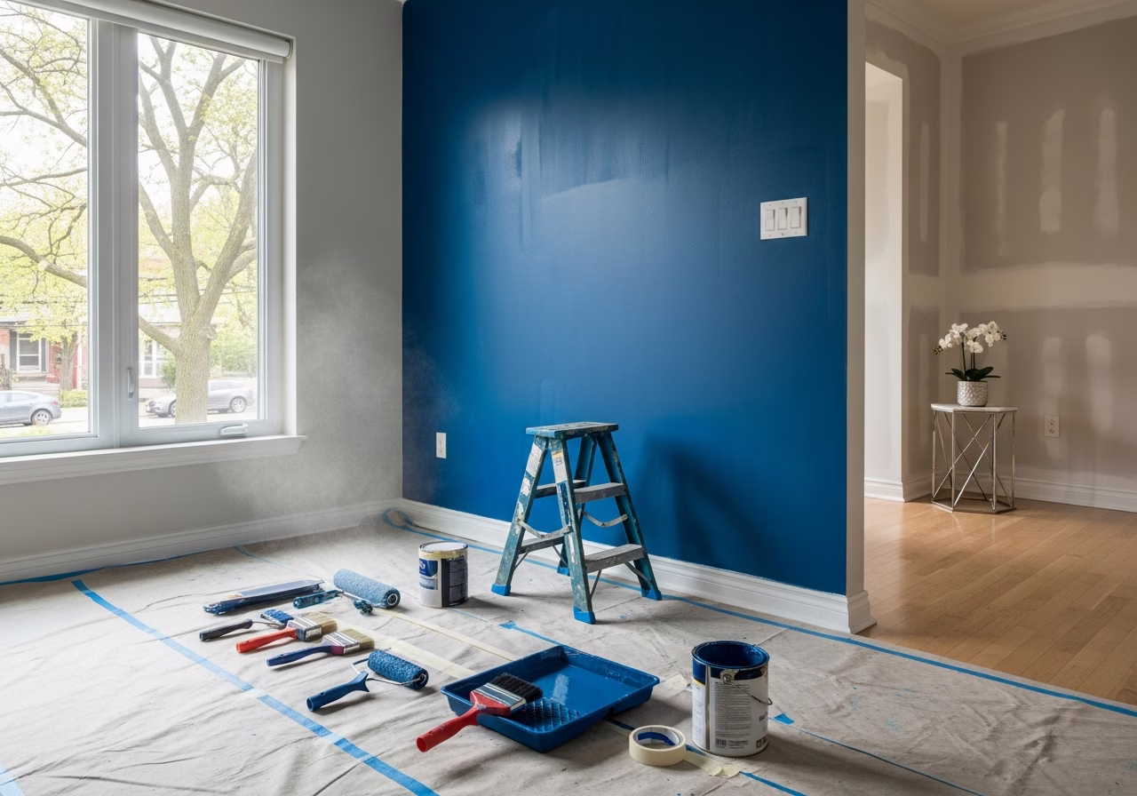Accent Wall Painting tools and materials staged in Toronto home