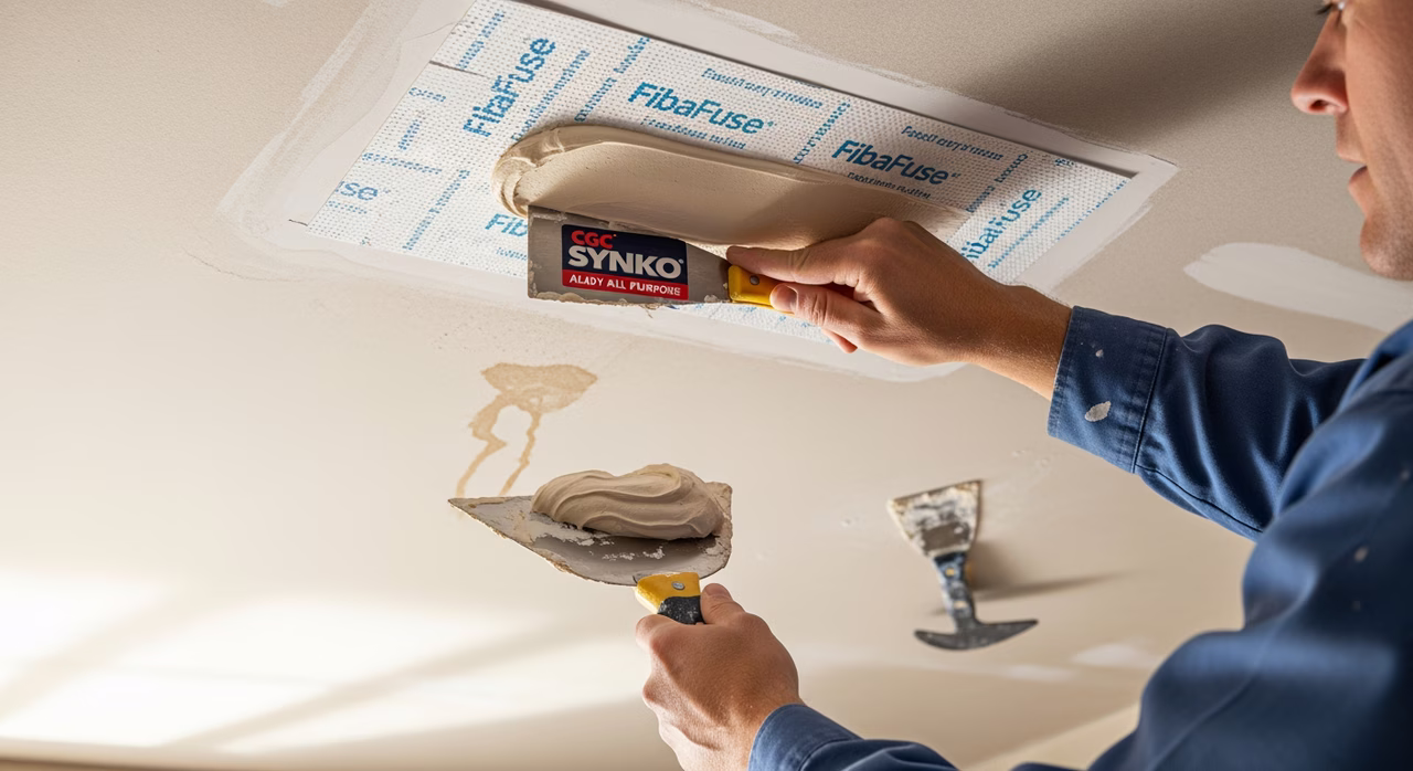 Toronto ceiling-repair specialist applying first coat CGC Synko All Purpose ready-mix joint compound over FibaFuse paperless mesh tape on 12-inch ceiling drywall patch with 6-inch taping knife, hawk loaded with mud, water-stain shadow visible on original ceiling, Level 4 paint-grade ceiling patch in progress