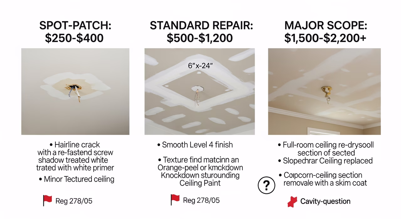 Three Toronto ceiling-repair scope tiers compared: spot-patch (nail-pop, hairline crack, water-stain shadow with Zinsser BIN, anchor pull-out under 4 sq ft, minor textured-ceiling touch-up) at $250-$400 1-2 hour site visit, standard repair (6-inch-24-inch section patch with new drywall to joist, 3-coat Level 4 with texture-match orange-peel/knockdown, prime and paint blend) at $500-$1,200 mid, major scope (full-room re-drywall after water-leak with stud-cavity drying per IICRC S500, sloped/cathedral section, sagging re-strap-and-screw, popcorn-ceiling section removal) at $1,500-$2,200+
