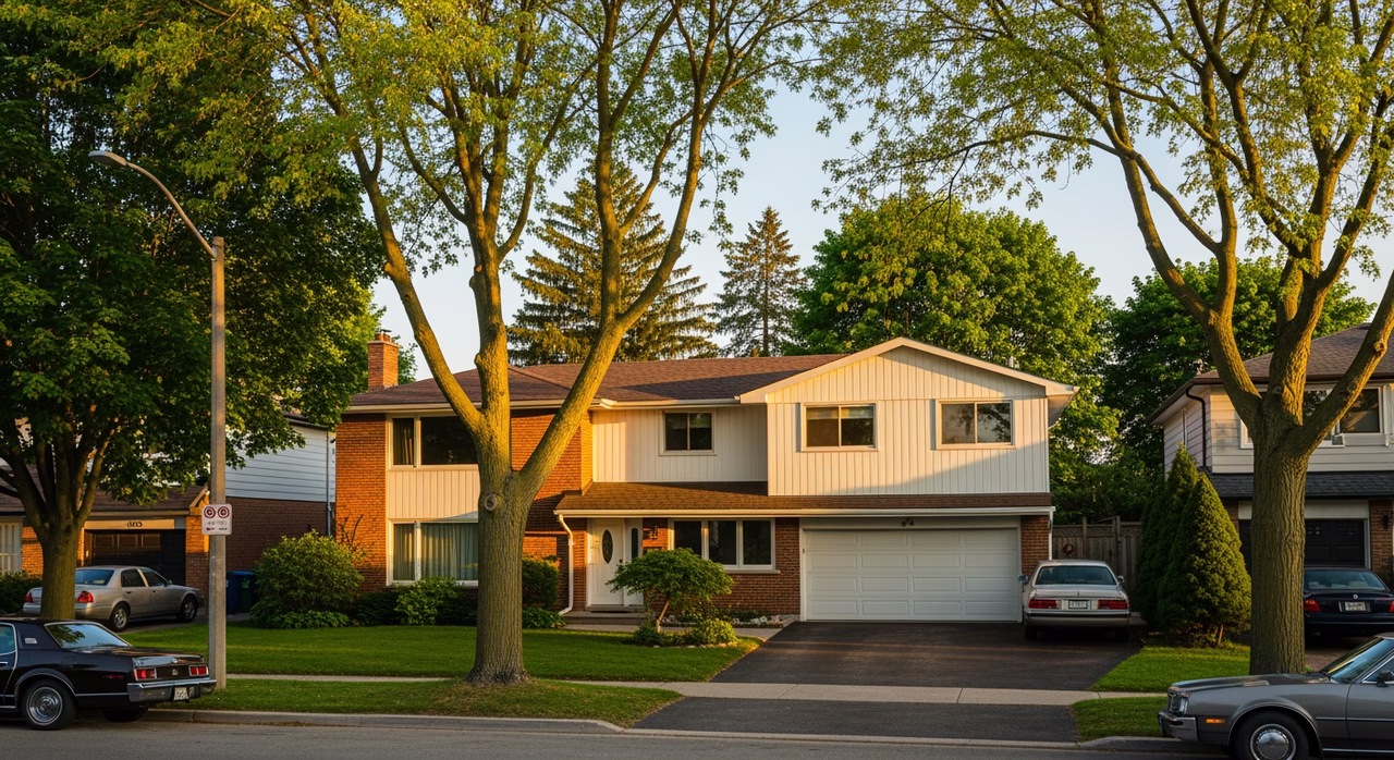 Toronto Scarborough 1970s detached split-level home with mature trees on family street at golden hour where common ceiling-repair scopes (water-stain shadow from upstairs leak, anchor pull-out, sagging joist, popcorn-ceiling spot repair) run $250-$2,200 per job and pre-1980 stock requires Ontario Reg 278/05 asbestos DSS on textured-ceiling or JC disturbance