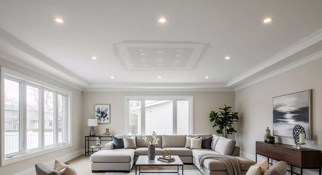 Completed Toronto family living room with seamlessly-patched ceiling section (formerly 16-by-24-inch water-stain damaged area) showing perfect Level 4 blend with surrounding ceiling and feathered texture-match, painted Benjamin Moore Chantilly Lace flat, recessed LED pot lights, original baseboard and crown moulding intact