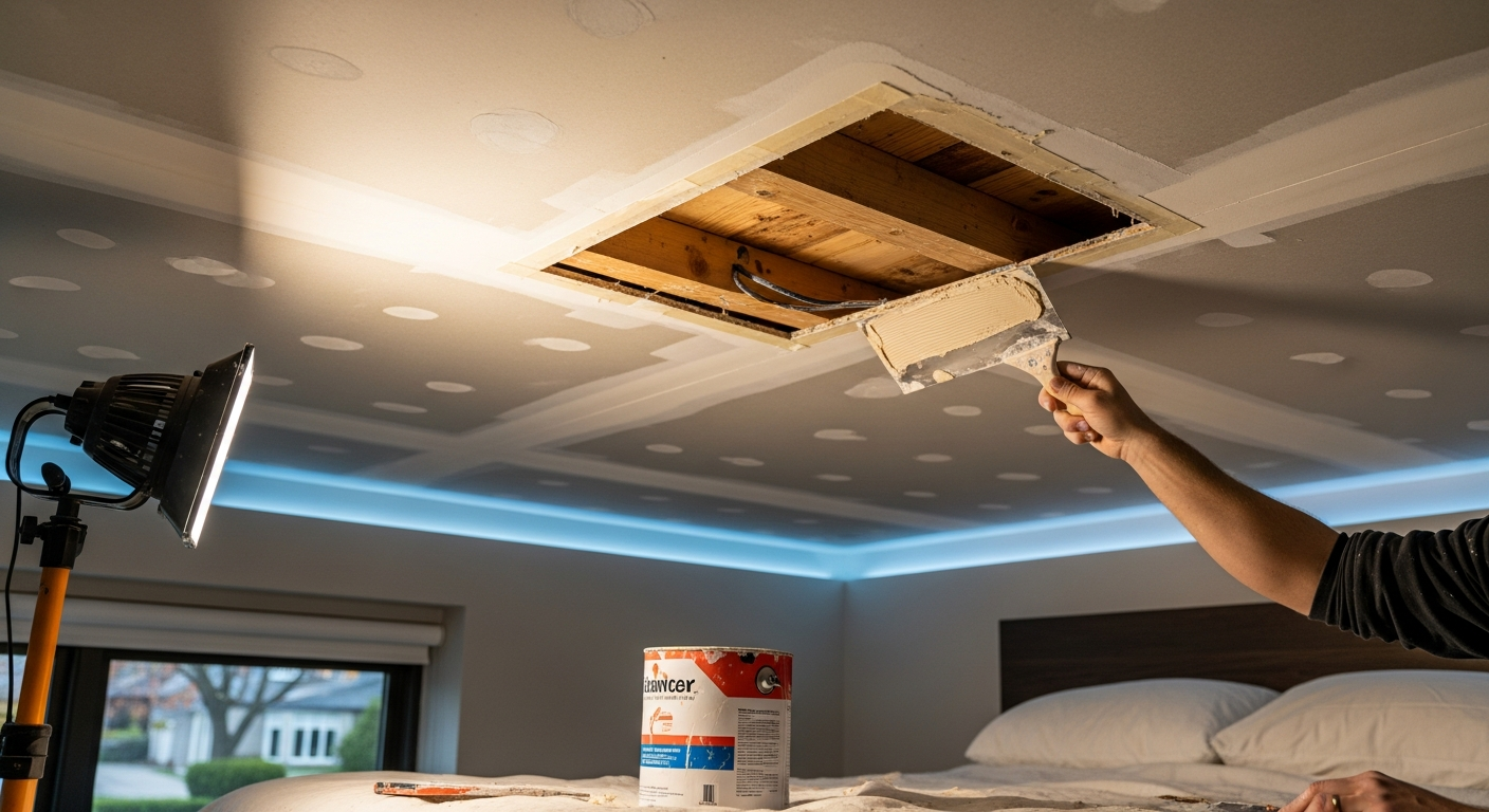 Close-up of professional ceiling repair work delivered in North York
