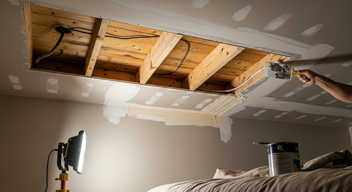 Completed ceiling repair work showcasing finishing details in Scugog