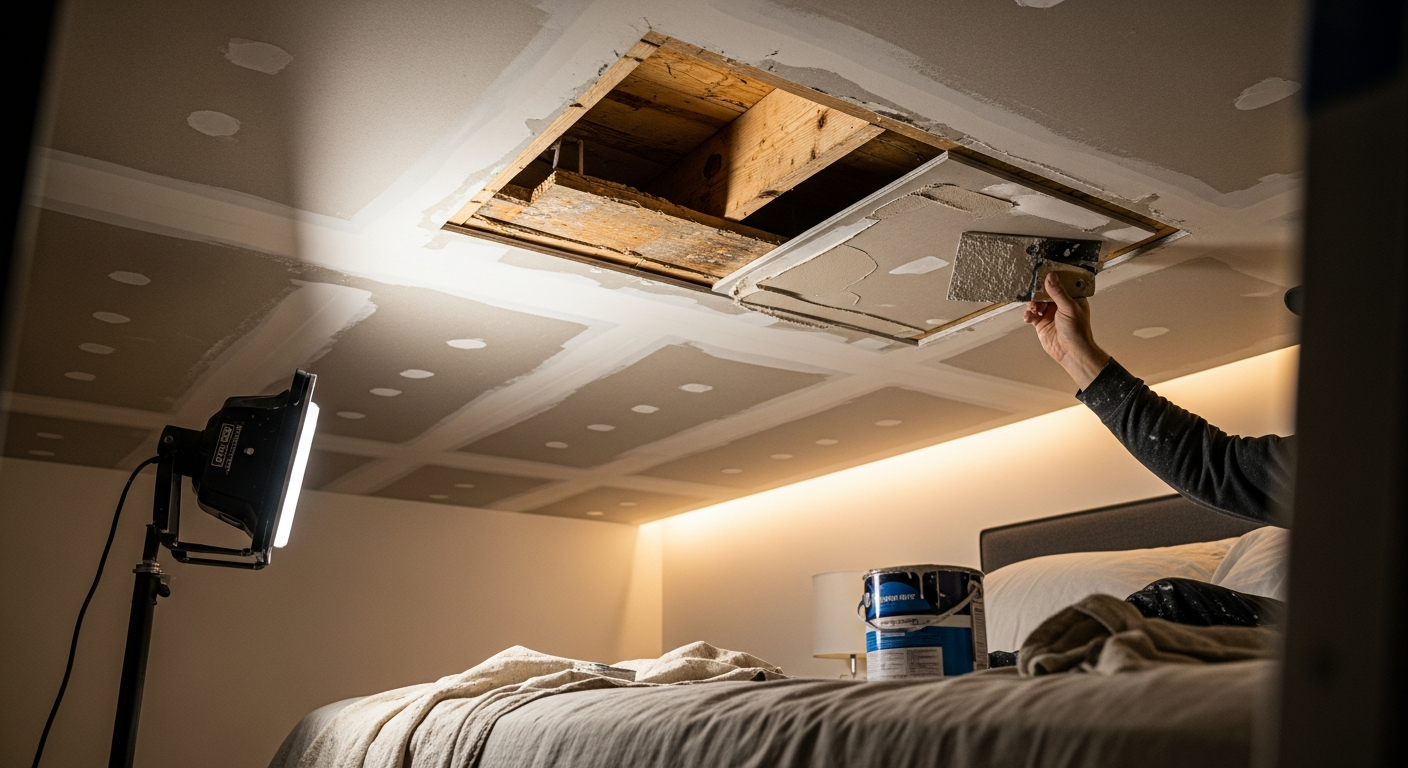 Detail view of a ceiling repair job finished in Uxbridge — expert craftsmanship