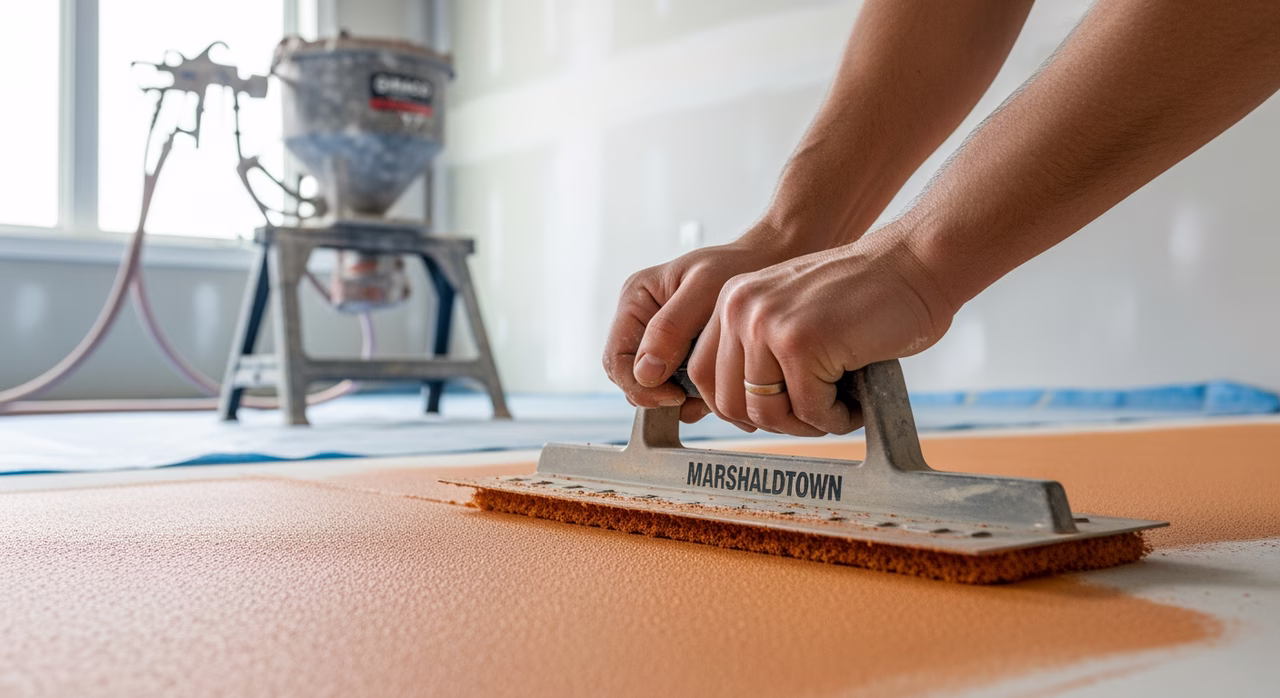 Toronto ceiling-texture applicator operating Marshalltown 18-inch finishing trowel pulled flat at low angle across freshly-sprayed orange-peel texture at 5-10-minute knockdown working time, hopper-gun and Graco Magnum X7 texture-spray rig on sawhorse, 6-mil poly floor protection