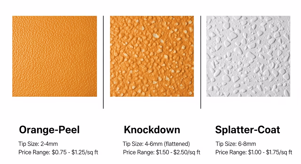 Three Toronto ceiling-texture finish profiles compared: orange-peel (fine spatter from hopper-gun, looks like orange skin at close range, budget residential), knockdown (the #1 install at 35% of 2026 GTA jobs, orange-peel sprayed then flattened with 18-inch trowel at 5-10 min, contemporary look), splatter-coat (heavier orange-peel, 1970s-1990s GTA suburban detached) -- labelled with tip-size and price range