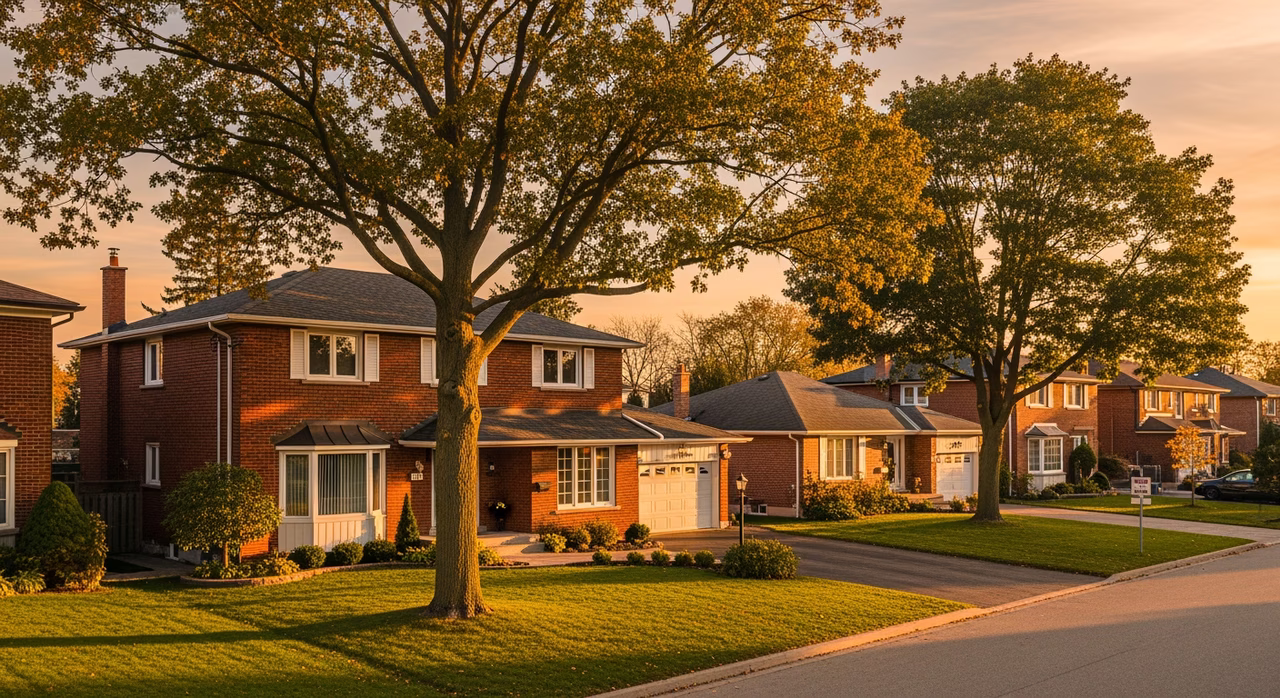 Toronto Brampton 1970s detached two-storey home with mature trees on quiet family street at golden hour where ceiling-texture scopes run $3-$9 per sq ft and pre-1980 stock has 5-15% chrysotile asbestos HIGH-probability positive on existing textured ceiling requiring Ontario Reg 278/05 DSS