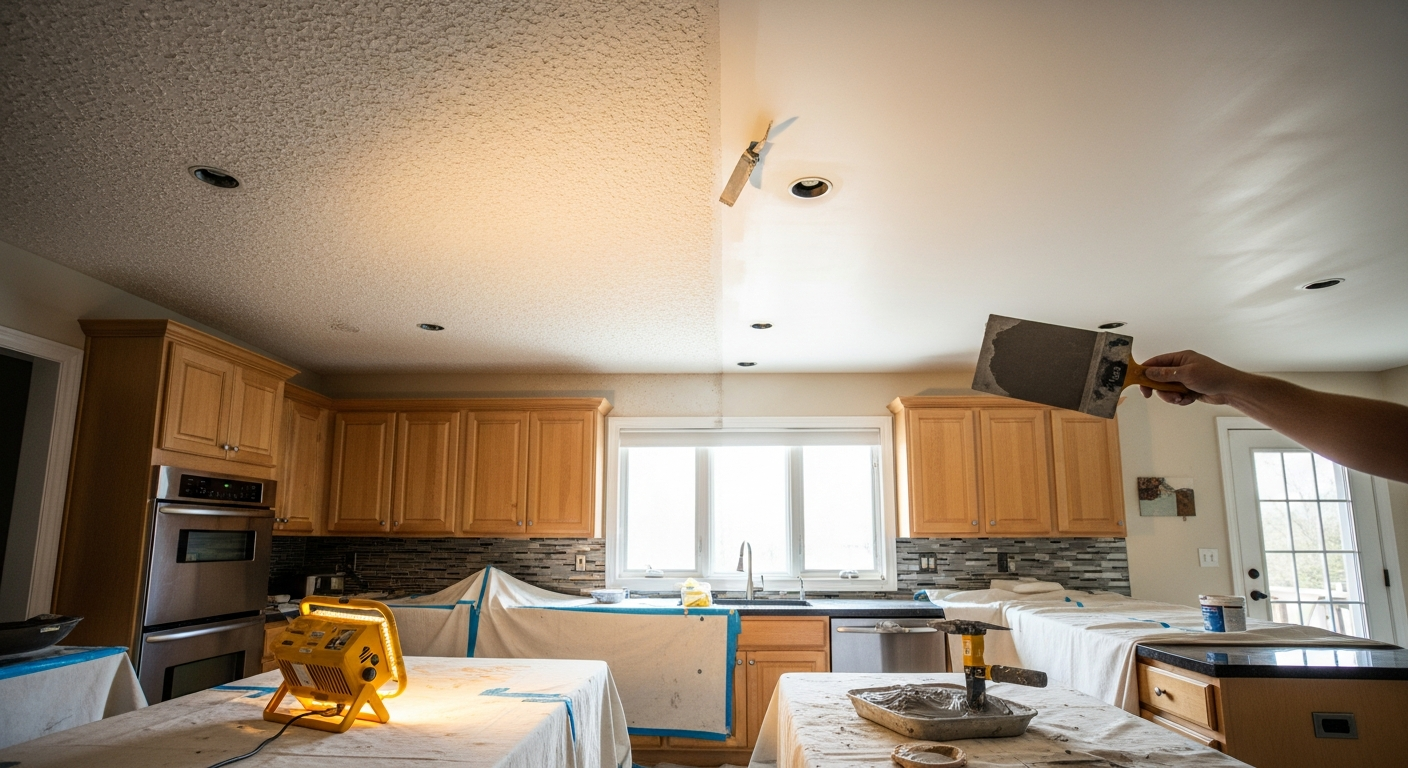Editorial detail of a Ajax ceiling texture application install — visible quality finish