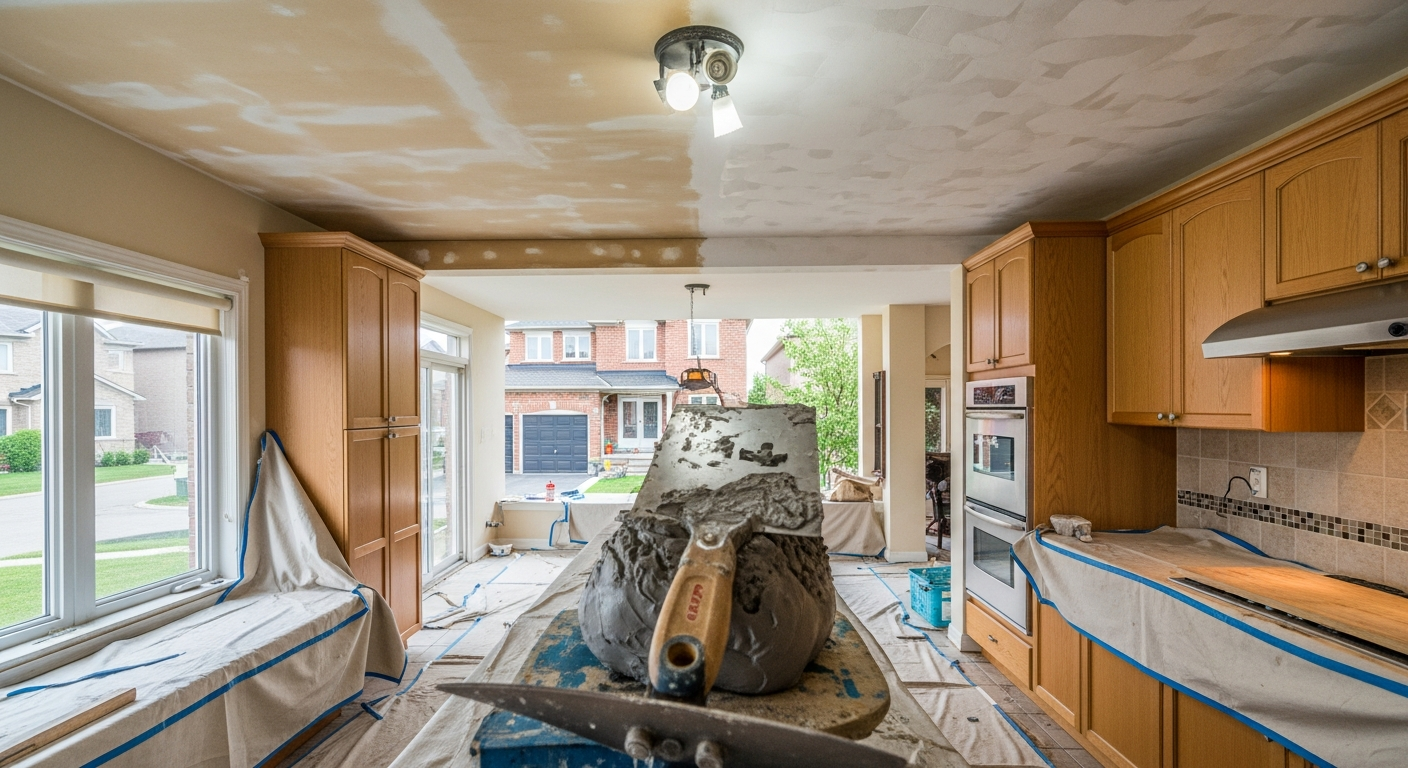 Recently completed ceiling texture application renovation in a Brampton home