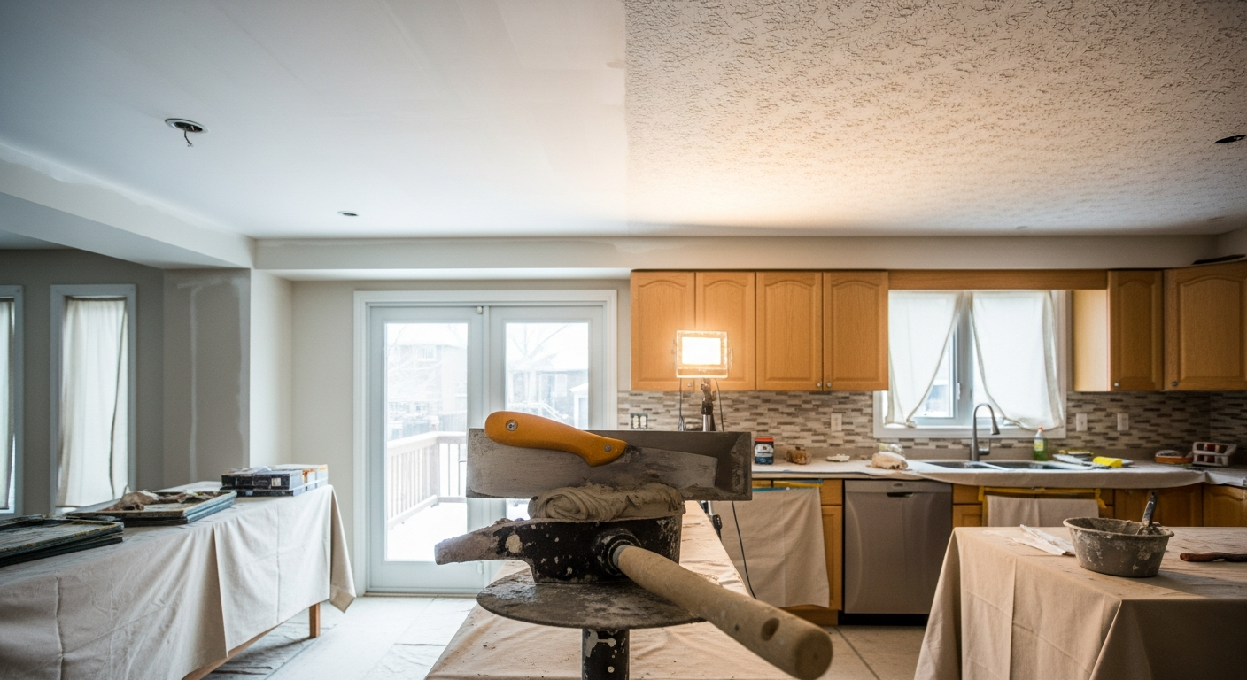 Close-up of professional ceiling texture application work delivered in Burlington