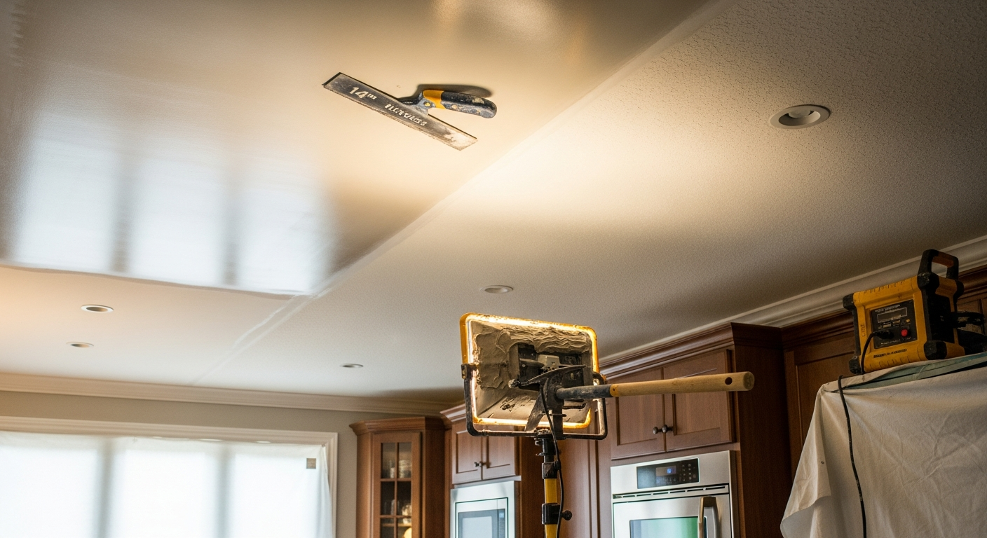 Detail view of a ceiling texture application job finished in Caledon — expert craftsmanship