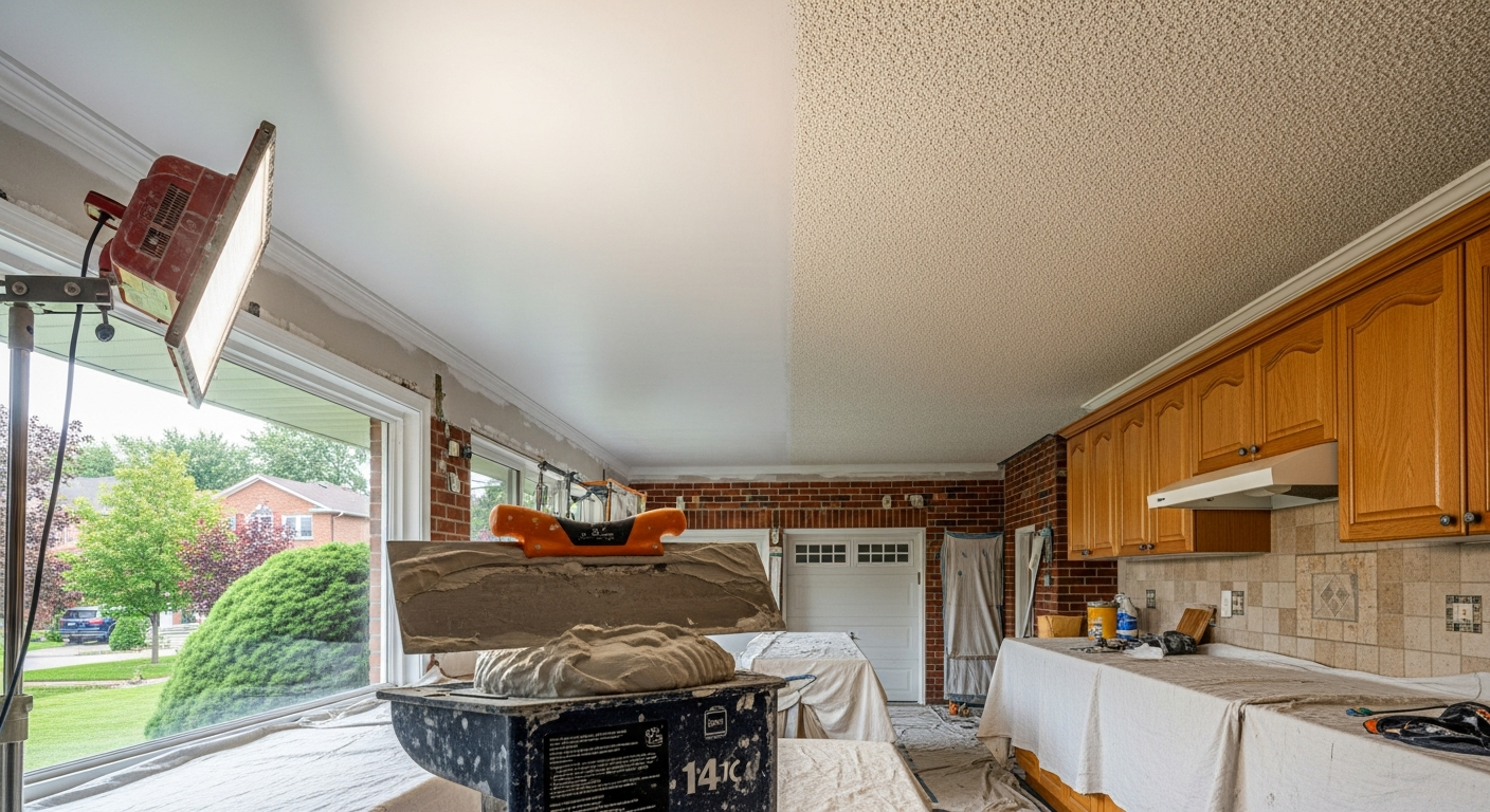 Recent Clarington-area ceiling texture application project — professional finish detail